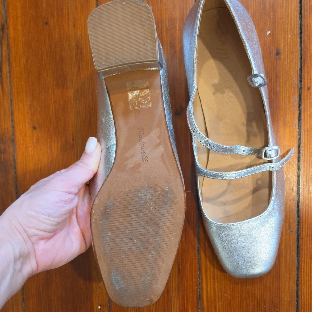 Madewell Silver Metallic Mary Jane Flats with Low Block Heel - Picture 4 of 4